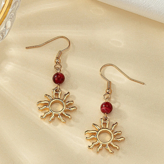 Природные сердолик болтаться серьги, со сплавочной фурнитурой, солнце, золотые