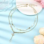 Natural Amber and Pearl Beaded Double Layered Necklaces, 304 Stainless Steel Tiny Cross and Brass Micro Pave Clear Cubic Zirconia Star Pendant Necklaces