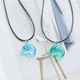 Luminous Glow in the Dark Glass Dolphin Pendant Necklaces, Black Cord Necklaces