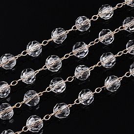 Стеклянные граненые круглые цепочки из бисера ручной работы, с золотой латуни цепи, пайки, с катушкой