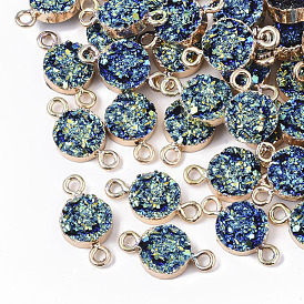 Druzy Resin Links Connectors, with Edge Light Gold Plated Iron Loops, Flat Round, AB Color Plated