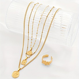 Овальные/плоские круглые/прямоугольные с узором из роз 304 ожерелья с подвесками из нержавеющей стали и наборы колец-манжет в виде листьев гинкго