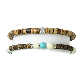 2Pcs 2 Style Synthetic Turquoise Round & Natural Coconut Disc Beaded Stretch Bracelets Set, Rhinestone Stackable Bracelets