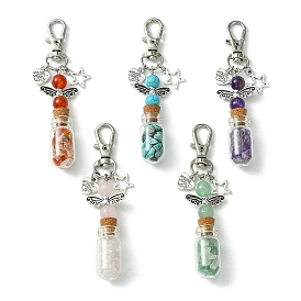 Bouteille à souhaits en verre avec puce de perles synthétiques et naturelles à l'intérieur des décorations pendantes, Charme en alliage de style tibétain étoile et cœur et fermoirs à pinces de homard pivotants
