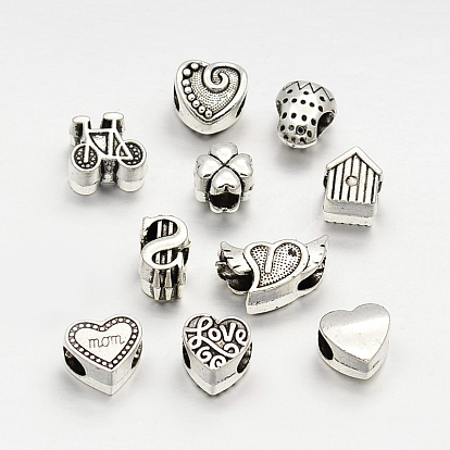 Tibetan Style Alloy Large Hole European Beads, Mixed Shape, 10~11x7.5~17x7~8mm, Hole: 5mm, about 35~40pcs/100g
