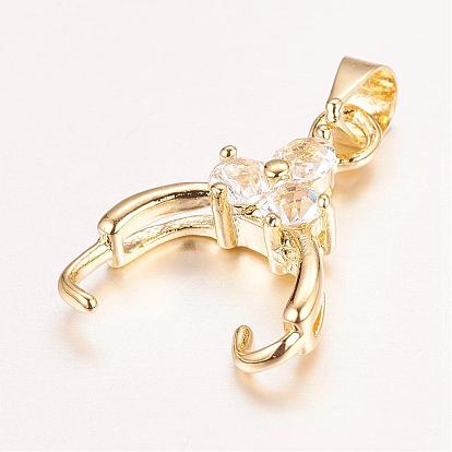 Real 18K Gold Plated Brass Pendant Pinch Bails, with Cubic Zirconia, Nickel Free, Rack Plating