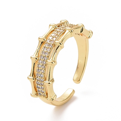 Clear Cubic Zirconia Bamboo Open Cuff Ring, Brass Jewelry for Women