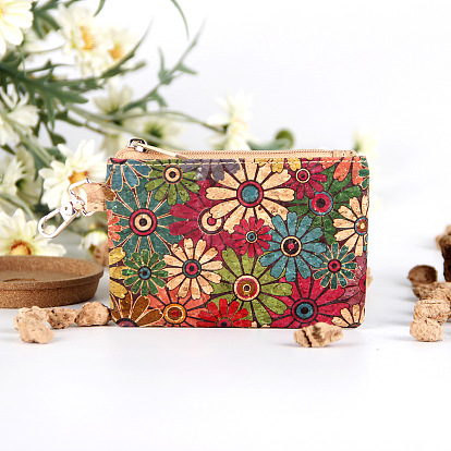 Octopus/Flower/Ladybug Pattern Cork Zipper Wallets with Snap Clasp, Makeup Bags, Fashion Multi-Function Clutch Bags