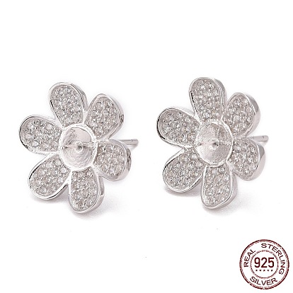 925 hallazgos de aretes de plata esterlina, con circonita, por medio perforó perlas, flor