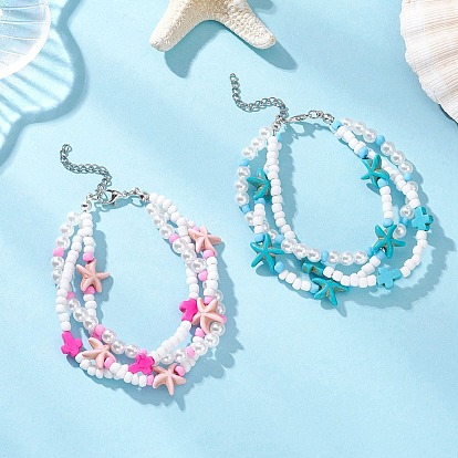 2шт. браслеты из нескольких нитей синтетической бирюзы и стеклянных бусин для женщин, морская звезда и крест, с абс пластмассовой имитационной жемчужиной