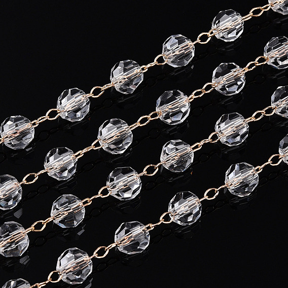 Стеклянные граненые круглые цепочки из бисера ручной работы, с золотой латуни цепи, пайки, с катушкой