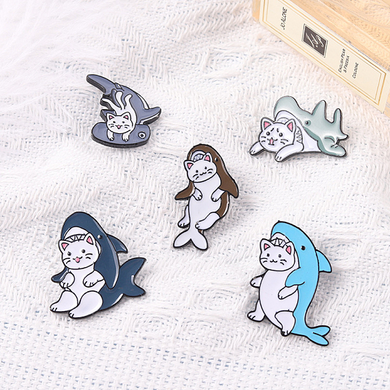 Shark with Cat Enamel Pin, Electrophoresis Black Alloy Animal Badge for Backpack Clothes
