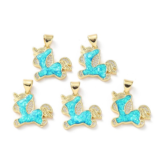 Enrubanneuse en laiton micro pavé en zirconium cubique pendentifs, Breloques cheval en opale synthétique avec bouton-pression sur caution, sans cadmium et sans plomb, plaqué longue durée, réel 18 k plaqué or