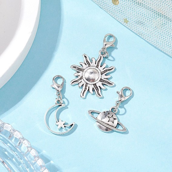 Подвески из сплава в тибетском стиле с открытыми железными соединительными кольцами и украшениями в виде застежек-клешней из цинкового сплава, солнце и луна и звезда