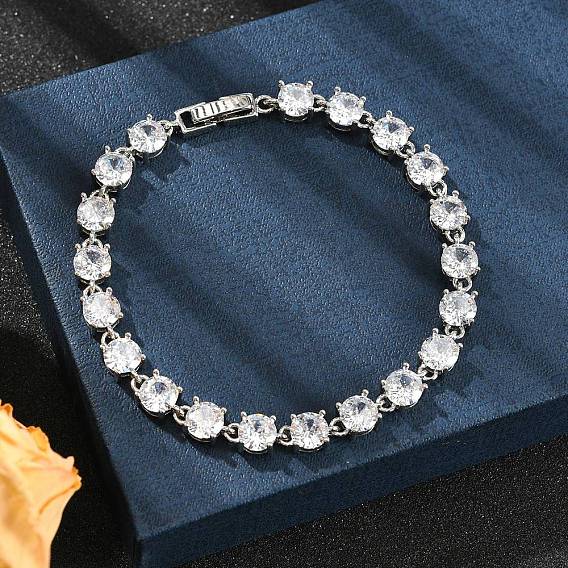 Браслеты из латуни с микропаве из прозрачного кубического циркония, женские браслеты с плоскими круглыми звеньями, без кадмия и без свинца, стойки покрытие, долговечный