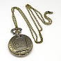 Aleación de reloj de bolsillo collar colgante redondo y plano, con cadenas de hierro y los corchetes de la garra de la langosta, reloj de cuarzo, 31.5 pulgada, Cabeza del reloj: 58x46x15 mm