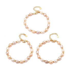 Natural Pearl Beaded Bracelets, Real 18K Gold Plated, with Brass Round Beads, Long-Lasting Plated