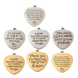 Teachers' Day 201 Stainless Steel Pendants, Message Charms, Heart with Word Charms