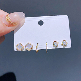 Chic Flower & Shell Earring Set with Sparkling Zirconia - 3 Pairs