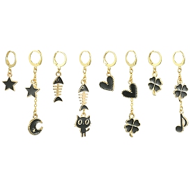 4 ensemble 4 ensemble de boucles d'oreilles à levier pendantes en alliage d'émail de style, boucles d'oreilles asymétriques, lune et étoile et chat et trèfle