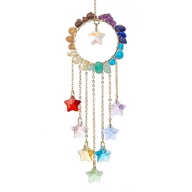Glass Star Pendant Decorations, with Wire Wrapped Chakra Gemstone Chips, for Home Decorations
