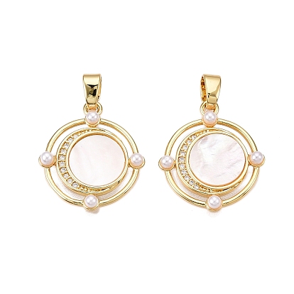 Латунные микропаве прозрачные подвески с фианитом, без кадмия и без свинца, с ракушкой и имитацией жемчуга из АБС, плоские круглые прелести