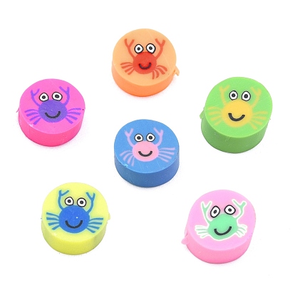 Handmade Polymer Clay Beads, Flat Round with Crab Pattern