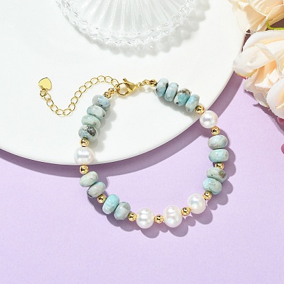Natural Larimar & Natural Cultured Freshwater Pearl & Brass Beaded Bracelets, Rondelle