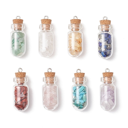 8 шт. 8 стили синтетическая бирюза и натуральный зеленый авантюрин и цитрин и розовый кварц и лазурит и кварцевый кристалл и аметист и красная яшма стеклянные бутылки подвески, с железными петлями, платина