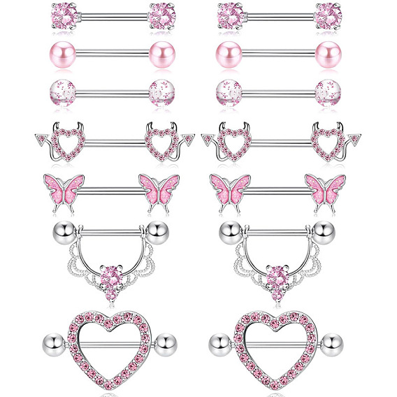 Кольца для сосков из латуни с кубическим цирконием, 304 штифты для пирсинга сосков из нержавеющей стали, цвет нержавеющей стали