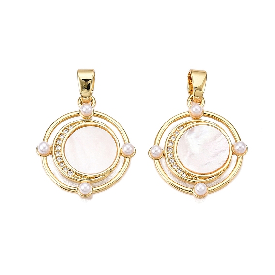 Латунные микропаве прозрачные подвески с фианитом, без кадмия и без свинца, с ракушкой и имитацией жемчуга из АБС, плоские круглые прелести