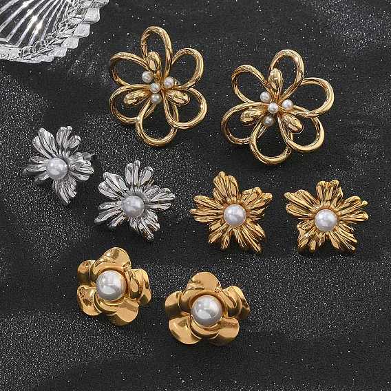 304 из нержавеющей стали серьги, с пластиковой имитационной жемчужиной, цветок