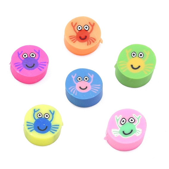Handmade Polymer Clay Beads, Flat Round with Crab Pattern