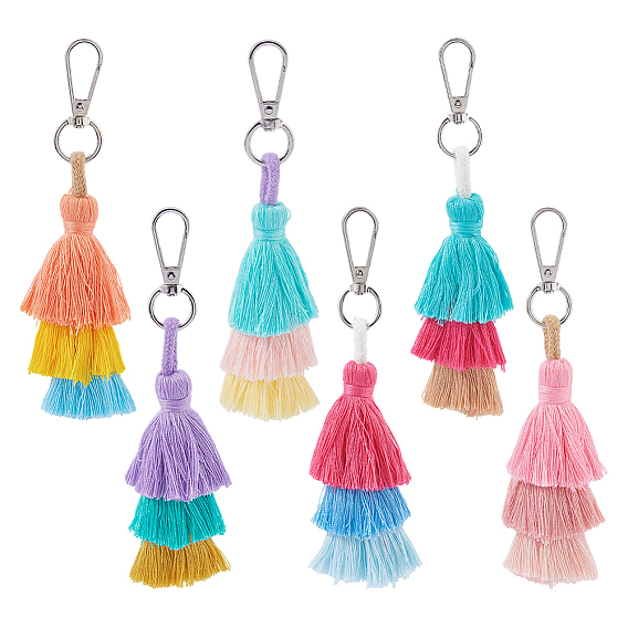 12 pièces 6 couleurs, décorations de pendentifs en fil de nylon macramé faits à la main, fermoirs en alliage breloques pour ornements de sac ou de porte-clés