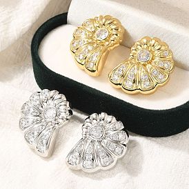 Серьги-гвоздики в форме ракушки из латуни с микропаве из прозрачного кубического циркония, долговечный, без свинца и без кадмия