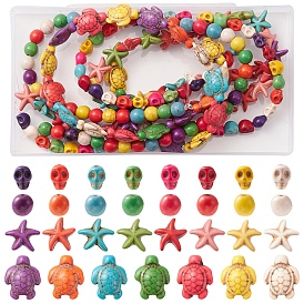 4 Strands 4 Styles Dyed Synthetic Turquoise Beads Strands, Skull & Starfish & Turtle & Round, Mixed Shapes