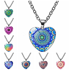 Glass Heart with Mandala Flower Pendant Necklace, Platinum Alloy Jewelry for Women