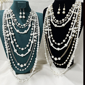 Набор из многослойных ожерелий и сережек с имитацией пластикового жемчуга для женщин