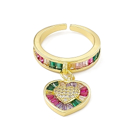 Colorful Cubic Zirconia Heart Charms Open Cuff Ring, Rack Plating Brass Jewelry for Women, Cadmium Free & Lead Free