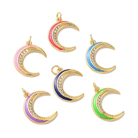 Moon Rack Plating Brass Micro Pave Cubic Zirconia Enamel Pendants, with Jump Rings, Cadmium Free & Lead Free, Long-Lasting Plated, Real 18K Gold Plated