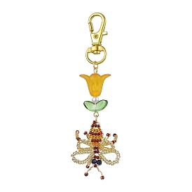 Abeilles perles de rocaille en verre faites à la main pendentifs décorations, Breloques en forme de fleur en acrylique et fermoir mousqueton pivotant pour ornements de sacs