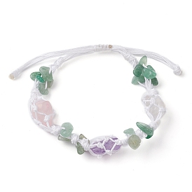 Dyed Natural Quartz Crystal & Green Aventurine Nugget Braided Bead Bracelets, Macrame Pouch Adjustable Bracelet