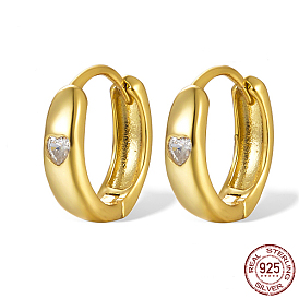 925 Sterling Silver Thick Hoop Earrings for Women, with Micro Pave Cubic Zirconia Heart, Real 18K Gold Plated
