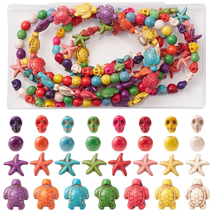 4 Strands 4 Styles Dyed Synthetic Turquoise Beads Strands, Skull & Starfish & Turtle & Round, Mixed Shapes