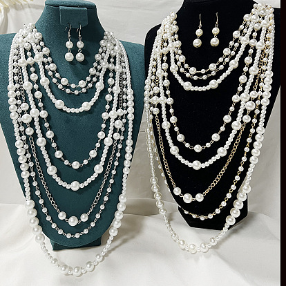 Набор из многослойных ожерелий и сережек с имитацией пластикового жемчуга для женщин