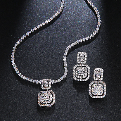 Комплекты из квадратных латунных подвесок с микропаве из прозрачных кубических цирконий и серег-гвоздиков