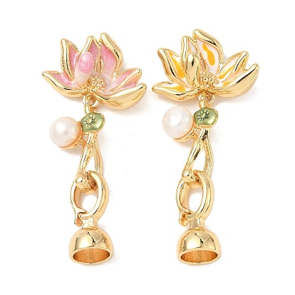 Латунные застежки с натуральным жемчугом и эмалью, без кадмия, без никеля и без свинца, лотос, реальный 18 k позолоченный