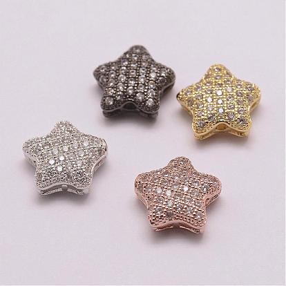 Brass Micro Pave Grade AAA Cubic Zirconia Beads, Long-Lasting Plated, Cadmium Free & Nickel Free & Lead Free, Star, Hollow