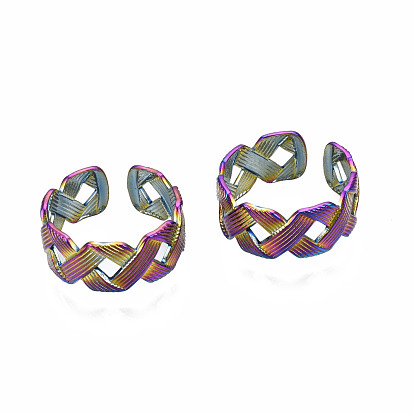 Ribbon Braided Shape Cuff Rings, Textured Hollow Wide Open Rings, Rainbow Color 304 Stainless Steel Rings for Women