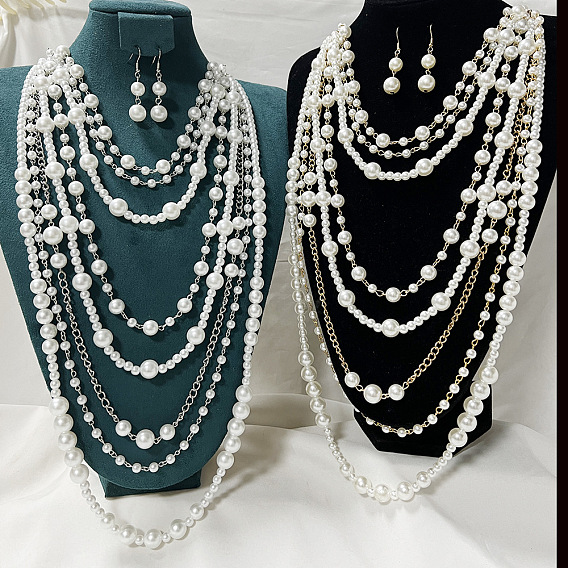 Набор из многослойных ожерелий и сережек с имитацией пластикового жемчуга для женщин